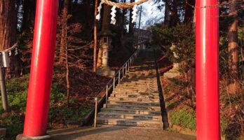 寒河江八幡宮の鳥居が朝日に照らされきれいでした